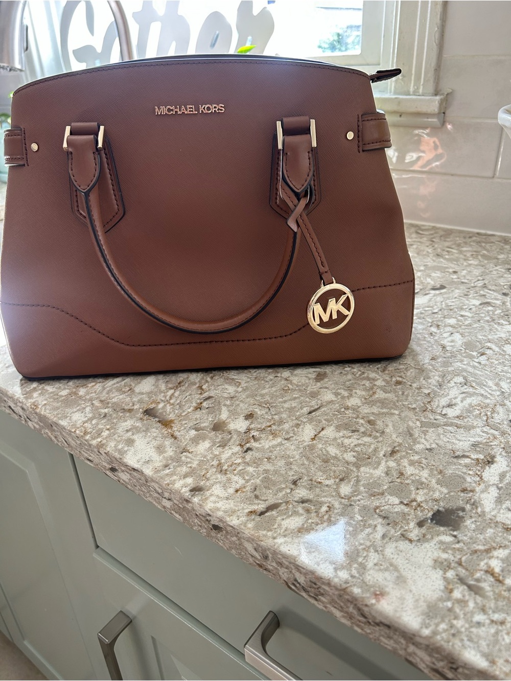 Michael Kors Chocolate Brown Saffiano Satchel with Gold MK Charm